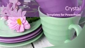  Presentation with rustic wood and flowers - Presentation with violet mint - cups and saucers with flowers background and a violet colored foreground