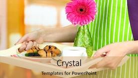  Presentation with apron - Amazing slide set having violet mint - woman in green apron holding backdrop and a  colored foreground