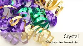  Presentation with streamer - Audience pleasing presentation design consisting of violet yellow - colorful paper streamer isolated backdrop and a  colored foreground