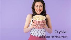  Presentation with popcorn movie - Slide set consisting of violets - portrait of european pin-up woman background and a light blue colored foreground