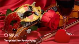  Presentation with instrument - Audience pleasing presentation consisting of violin fiddle theater mask red backdrop and a tawny brown colored foreground