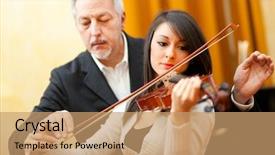  Presentation with helping - Slide set with violin teacher helping a student background and a coral colored foreground