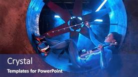  Presentation with industrial turbine - PPT theme having violinist-with-instrument-on-industrial background and a ocean colored foreground