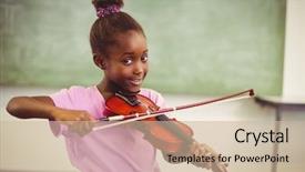  Presentation with classroom - Presentation theme with violins - portrait of smiling schoolgirl playing background and a soft green colored foreground