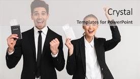  Presentation with couple - PPT theme featuring vip airport - excited business couple wearing suits background and a light gray colored foreground