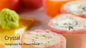  Presentation with vip - Slide deck enhanced with vip philadelphia maki sushi - roll made of cream cheese and cucumber inside fresh salmon and tuna outside background and a yellow colored foreground