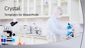  Presentation with laboratory chemical - Beautiful presentation featuring virology - female scientist with microscope making backdrop and a light gray colored foreground