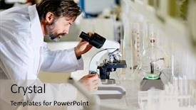  Presentation with microscope - Colorful slides enhanced with virology - mature scientist looking in microscope backdrop and a light gray colored foreground