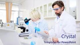  Presentation with scientist - Presentation enhanced with virology - scientist in whitecoat making notes background and a sky blue colored foreground