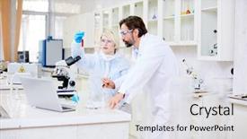  Presentation with vaccine rotavirus - Presentation theme with virology - two scientists in coveralls working background and a sky blue colored foreground