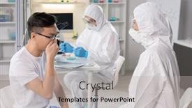  Presentation with biohazard - Cool new PPT theme with virology-specialist-in-biohazard-suit backdrop and a light gray colored foreground