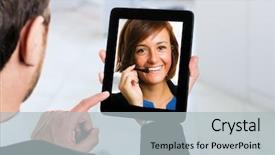  Presentation with virtual assistant - Audience pleasing PPT theme consisting of virtual assistant - businessman using his tablet backdrop and a light gray colored foreground