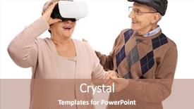  Presentation with virtual assistant - Amazing PPT theme having virtual assistant - mature woman using a vr backdrop and a coral colored foreground