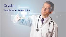  Presentation with aged - Slide set enhanced with virtual assistant - middle aged doctor pressing modern background and a lemonade colored foreground