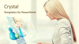  Presentation with telephone operator - Slide set featuring virtual assistant - smiling businesswoman communicating with helpline background and a cream colored foreground
