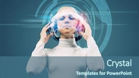  Presentation with virtual assistant - Presentation design enhanced with virtual assistant - young woman in white wearing background and a ocean colored foreground
