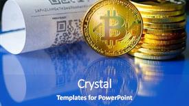  Presentation with bitcoin - Slide deck consisting of virtual atm - bitcoin golden coins and paper background and a cobalt blue colored foreground