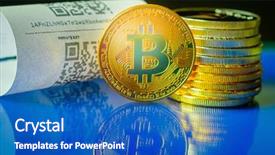  Presentation with bitcoin - Presentation design consisting of virtual atm - bitcoin golden coins and paper background and a teal colored foreground