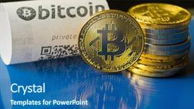  Presentation with bitcoin - PPT layouts featuring virtual atm - bitcoin golden coins and paper background and a ocean colored foreground