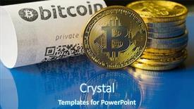 Presentation with cream gold texture paper - PPT theme enhanced with virtual atm - bitcoin golden coins and paper background and a ocean colored foreground