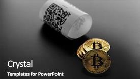  Presentation with atm - Colorful slide set enhanced with virtual atm - bitcoin golden coins and paper backdrop and a dark gray colored foreground