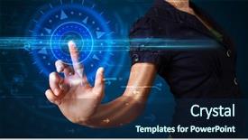  Presentation with high tech technology - Slide deck with virtual background - tech woman pressing high technology background and a  colored foreground
