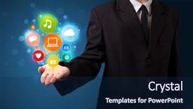  Presentation with multimedia - Cool new PPT layouts with virtual background - young businessman holding colorful multimedia backdrop and a navy blue colored foreground