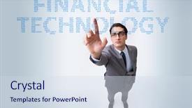  Presentation with fintech - Cool new slides with virtual banking - businessman pressing buttons in fintech backdrop and a sky blue colored foreground