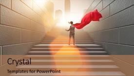  Presentation with superhero - Slide set enhanced with virtual buttons on career ladder background and a coral colored foreground