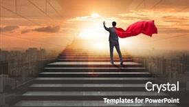  Presentation with superhero - Cool new PPT theme with virtual buttons on career ladder backdrop and a dark gray colored foreground