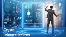  Presentation with global - Presentation design enhanced with virtual environment - businessman in global business concept background and a teal colored foreground