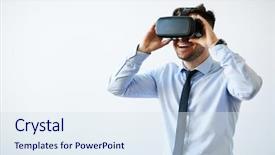  Presentation with virtual - Cool new presentation theme with virtual environment - portrait of excited businessman backdrop and a sky blue colored foreground