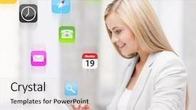  Presentation with mechanic inspection tablet - Slide set with virtual network - picture of smiling woman background and a  colored foreground