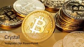  Presentation with blockchain technology - Presentation enhanced with virtual private network - shiny physical bitcoins on golden background and a gold colored foreground
