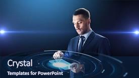  Presentation with virtual technology - Slide deck having business people and future technology concept - businessman in suit working with transparent tablet pc computer and virtual projection over black background background and a navy blue colored foreground