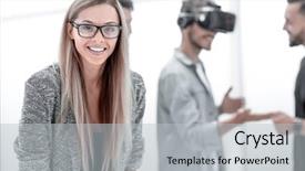  Presentation with virtual team - Cool new PPT theme with virtual reality applications and game backdrop and a light gray colored foreground