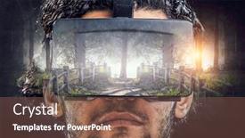  Presentation with experience - Colorful slide set enhanced with virtual reality experience technologies of the future backdrop and a violet colored foreground