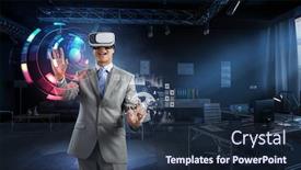  Presentation with mixed reality - PPT theme featuring virtual-reality-experience-technologies background and a navy blue colored foreground