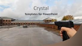  Presentation with shooting game - Cool new PPT theme with virtual reality game and violence concept - pov of male hands shooting with semi-automatic gun outdoors backdrop and a sky blue colored foreground