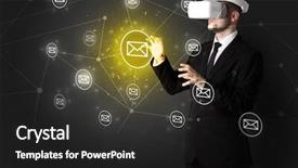  Presentation with network communication and protocol - Colorful presentation enhanced with virtual reality glasses organize online backdrop and a dark gray colored foreground