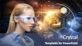  Presentation with virtual technology - PPT theme featuring virtual reality glasses over planets background and a ocean colored foreground