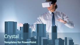  Presentation with virtual reality - PPT theme having virtual reality goggles doing urban background and a ocean colored foreground