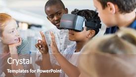  Presentation with pupil - PPT layouts having virtual reality goggles in classroom background and a coral colored foreground