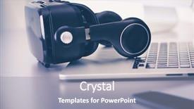  Presentation with virtual reality - Colorful PPT layouts enhanced with virtual reality goggles on desk backdrop and a  colored foreground