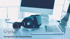  Presentation with virtual technology - Amazing presentation design having virtual-reality-goggles-on-desk backdrop and a light blue colored foreground