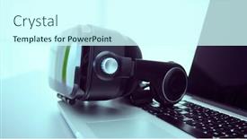  Presentation with virtual technology - Colorful slide deck enhanced with virtual-reality-goggles-on-desk backdrop and a cool aqua colored foreground