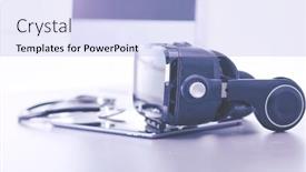  Presentation with virtual technology - Cool new theme with virtual-reality-goggles-on-desk backdrop and a light blue colored foreground