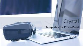  Presentation with virtual technology - Beautiful slide set featuring virtual-reality-goggles-on-desk backdrop and a light blue colored foreground