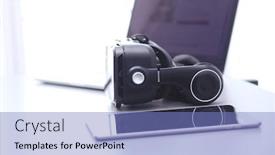  Presentation with virtual technology - Cool new slides with virtual-reality-goggles-on-desk backdrop and a teal colored foreground