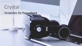  Presentation with virtual reality - Presentation theme enhanced with virtual-reality-goggles-on-desk background and a light blue colored foreground